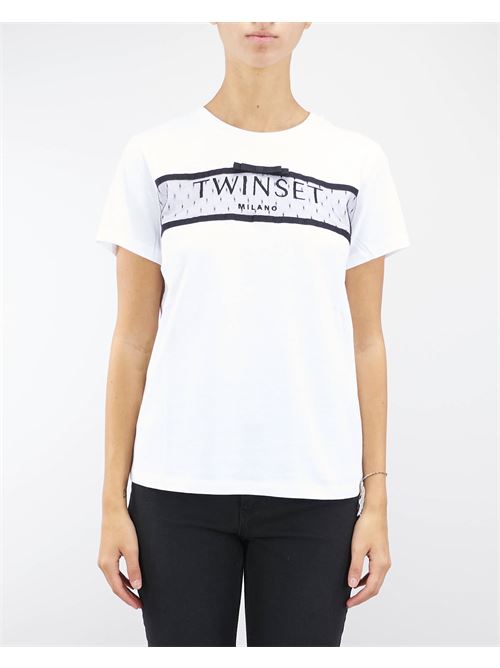 T-shirt con balza in tulle e ricamo logo Twinset TWIN SET | T-shirt | TT22901